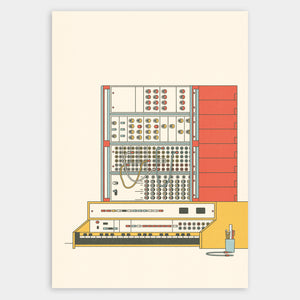 Vintage Synthesizer art print and poster with patches and modular setup. Retro vintage style. 70s vibe 