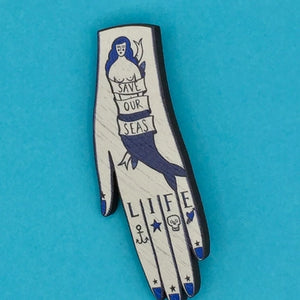 Tattooed Hand Wooden Pin Brooch by Su Owen