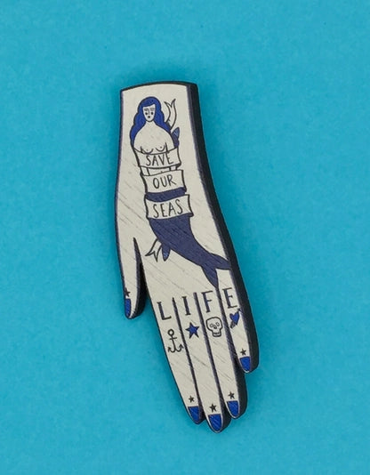 Tattooed Hand Wooden Pin Brooch by Su Owen