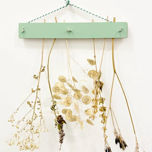 Flower drying kit by Studio wald in use with flowers attached hanging on a wall