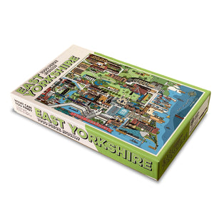 Jigsaw puzzle box featuring a map of East Yorkshire on a white background