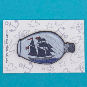 Ship in a Bottle Wooden Pin Brooch by Su Owen
