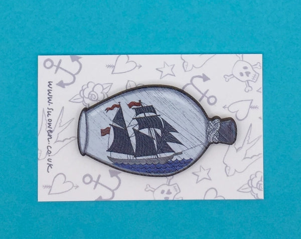 Ship in a Bottle Wooden Pin Brooch by Su Owen