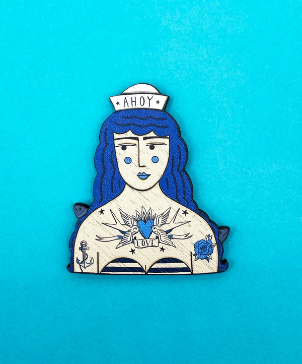 Tattooed Sailor Girl Wooden Pin Brooch