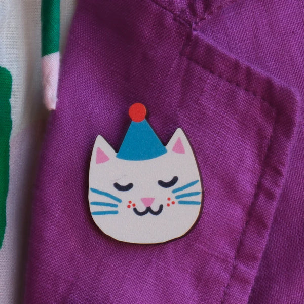 Cat Printed Wooden Pin Badge