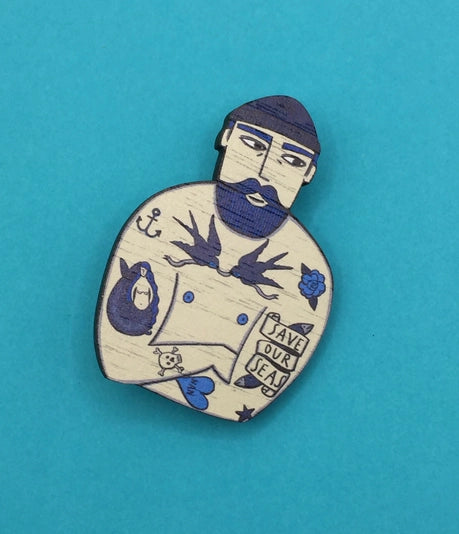 Tattooed Sailor Wooden Pin Brooch by Su Owen