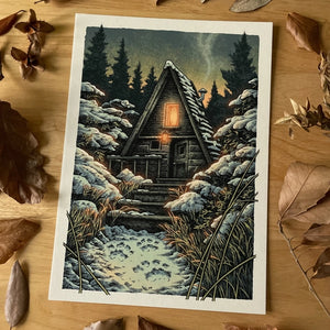 Simon j curd beautiful illustrated art print - moody and dark cabin in the snow 