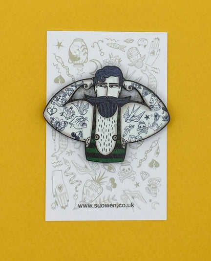 Circus Strongman Wooden Pin Brooch by Su Owen