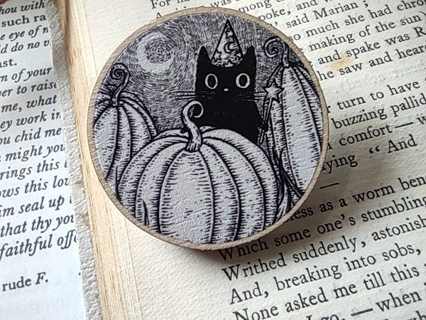 Pumpkin Wizard Cat Wooden Pin by Jon Turner