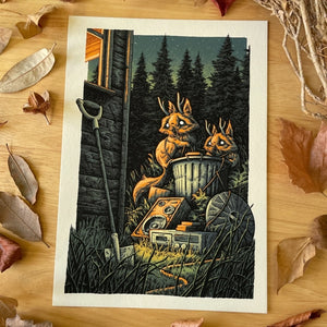 Fantasy creature with retro cassette illustrated wall art print by Simon J Curd