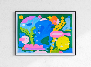 Framed risograph art print of colourful fish by Lauren Morsley