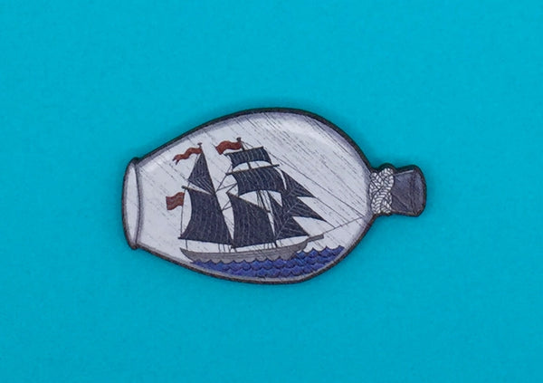 Ship in a Bottle Wooden Pin Brooch by Su Owen