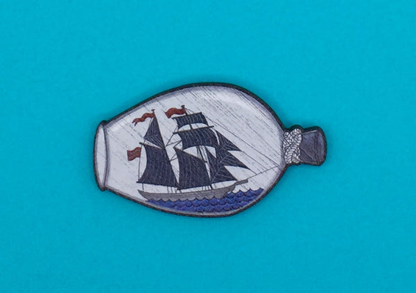 Ship in a Bottle Wooden Pin Brooch