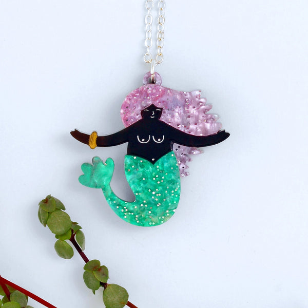 Nudie Mermaid Pendant Necklace (Black & Lilac)