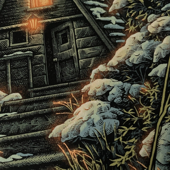 Simon j curd beautiful illustrated art print - moody and dark cabin in the snow 