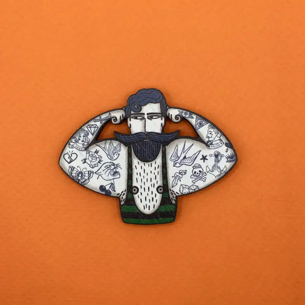Circus Strongman Wooden Pin Brooch by Su Owen