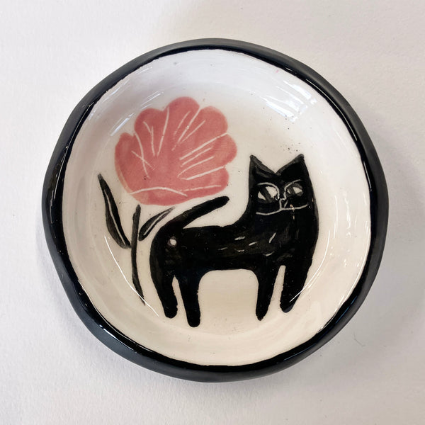 Tiny Cat Trinket Dish With Flower Top Left