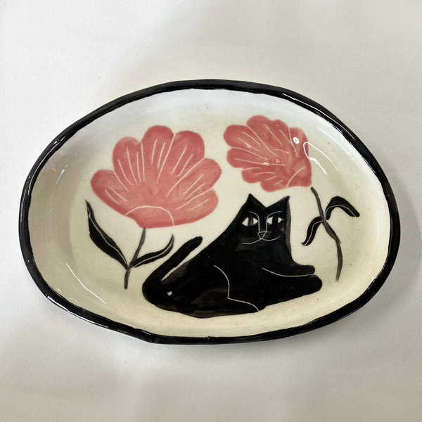 Trinket Dish with Sitting Cat and Two Flowers