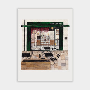 Illustration on an art print of bakery Flour and Feast on Humber Street, Hull. Painting by Isobelle Cochrane