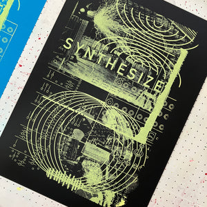 1 colour screen print on black GF Smith Colorplan paper by Joseph Cox. Synth imagery and the word Synthesize feature. 