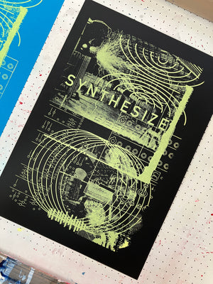 1 colour screen print on black GF Smith Colorplan paper by Joseph Cox. Synth imagery and the word Synthesize feature. 