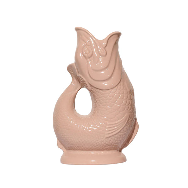 Pink ceramic fish-shaped gluggle jug vase on a white background