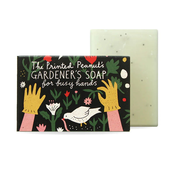 Soap bar with 'The Printed Peanuts Gardener's Soap for busy hands' packaging on a white background