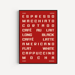 Coffee themed wall art - red background with Italian style typography 