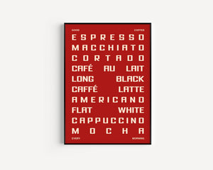 Coffee themed wall art - red background with Italian style typography 