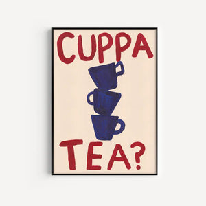 Naive illustration of cups of tea on a framed art print on a wall