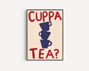 Naive illustration of cups of tea on a framed art print on a wall