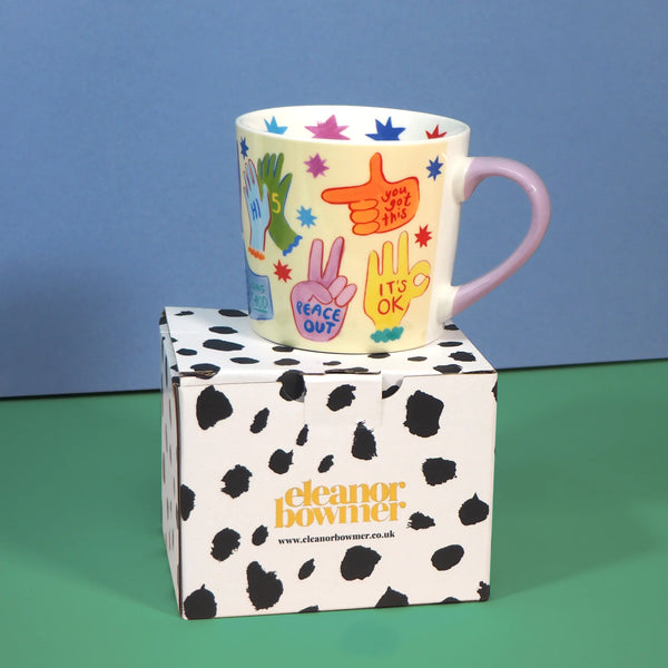 Eleanor Bowmer happy hands mug with box. Cool mug gift 