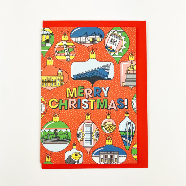 Hull Christmas Card with famous landmarks on red