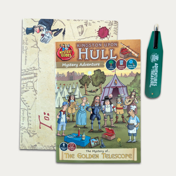Kingston upon Hull mystery adventure book with a pen on a light gray background