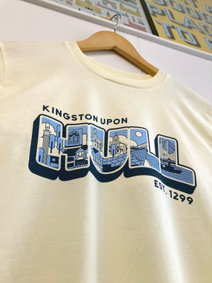 Kingston Upon Hull t-shirt, including The Deep, Spurn Lightship, Humber Bridge, Humber Street and Maritime Museum. Designed by Joseph Cox for Form Shop & Studio