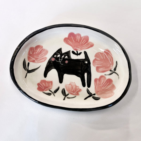 Trinket Dish with Cat and Six Flowers
