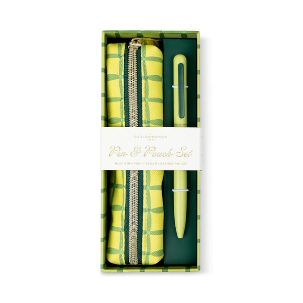 Pen and Pouch Set - Green Lattice