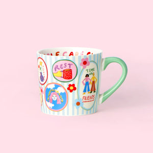 Fun colourful mug by Eleanor Bowmer with self care messages on. Lovely gift mug 