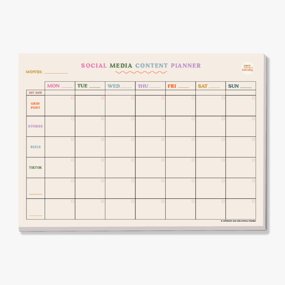 Social Media Weekly Content Planner Pad showing a Monday through Sunday planning grid