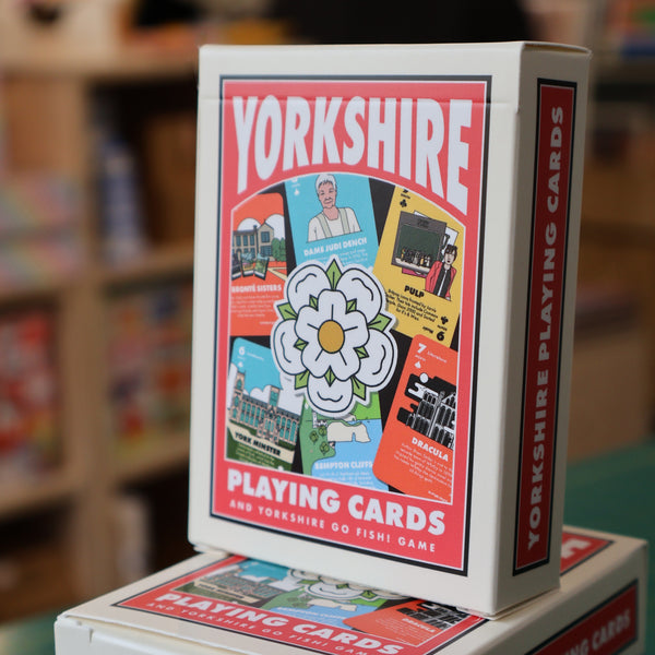 Yorkshire playing cards and Happy Families in a box, showing people and places from around Yorkshire like Pulp, Judi Dench, Whitby Abbey and York Minster