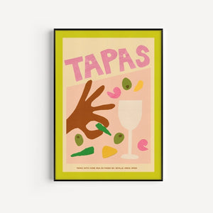 Tapas themed wall art in a collaged style by Proper Good. Pastel colours of greens and pinks are used.