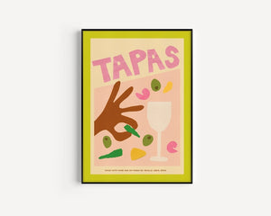Tapas themed wall art in a collaged style by Proper Good. Pastel colours of greens and pinks are used.