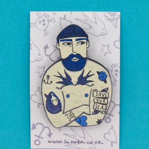 Tattooed Sailor Wooden Pin Brooch by Su Owen