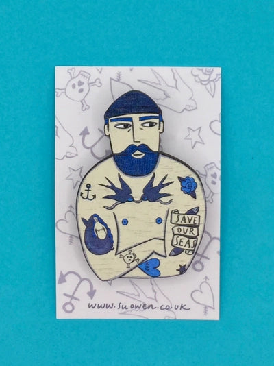 Tattooed Sailor Wooden Pin Brooch by Su Owen