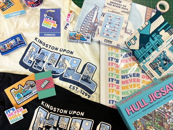 Various Hull theme products including Hull t-shirts, never dull in hull prints, hull jigsaw, keyrings and pin badges