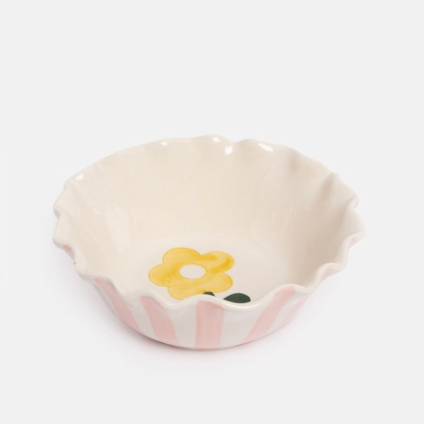 Pink Yellow Flower Frilly Bowl by Caroline Gardner