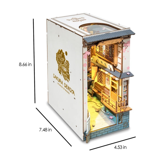 Book nook - Japanese street - Sakura densya. Miniature craft kit dimensions. 