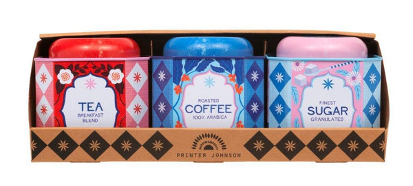 Kitchen tins for tea, coffee and sugar with vintage style illustration by Printer Johnson