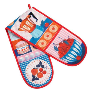Vintage inspired oven gloves with coffee pot and biscuits on by Printer Johnson