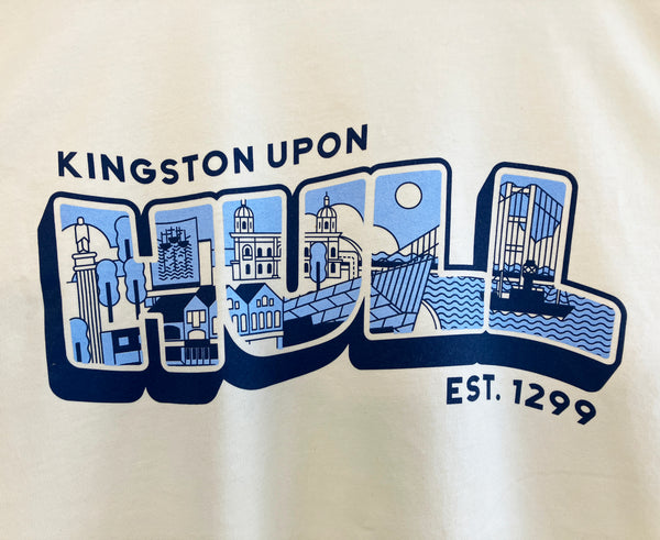 Closeup of logo Kingston Upon Hull t-shirt, including The Deep, Spurn Lightship, Humber Bridge, Humber Street and Maritime Museum. Designed by Joseph Cox for Form Shop & Studio 